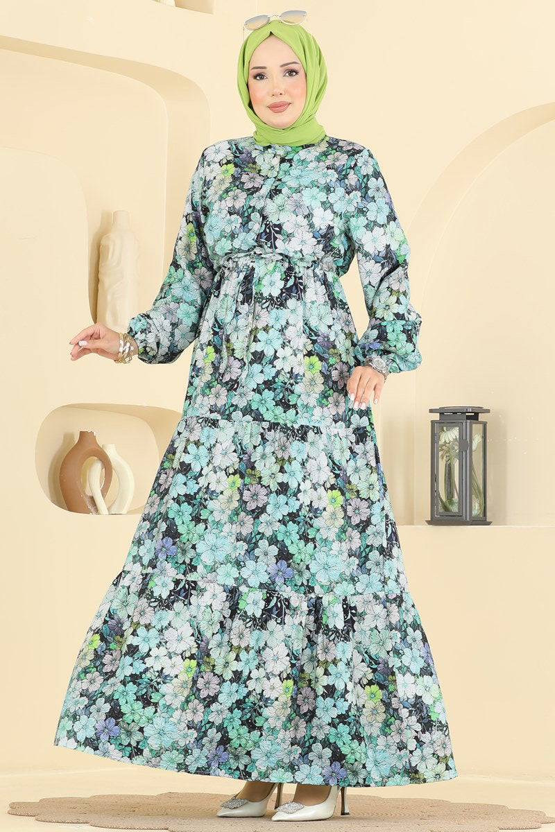 Belted Floral Viscose Dress - Aqua Green