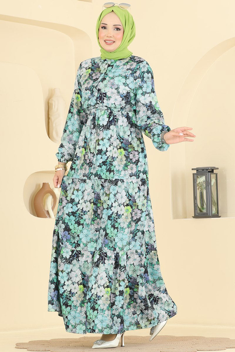 Belted Floral Viscose Dress - Aqua Green