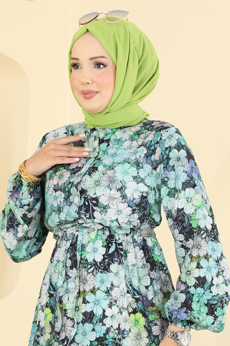 Belted Floral Viscose Dress - Aqua Green