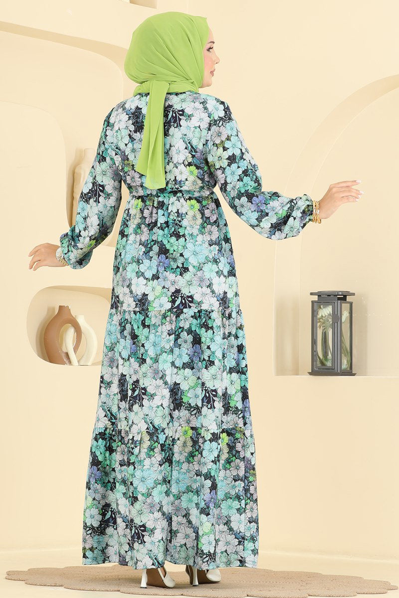 Belted Floral Viscose Dress - Aqua Green