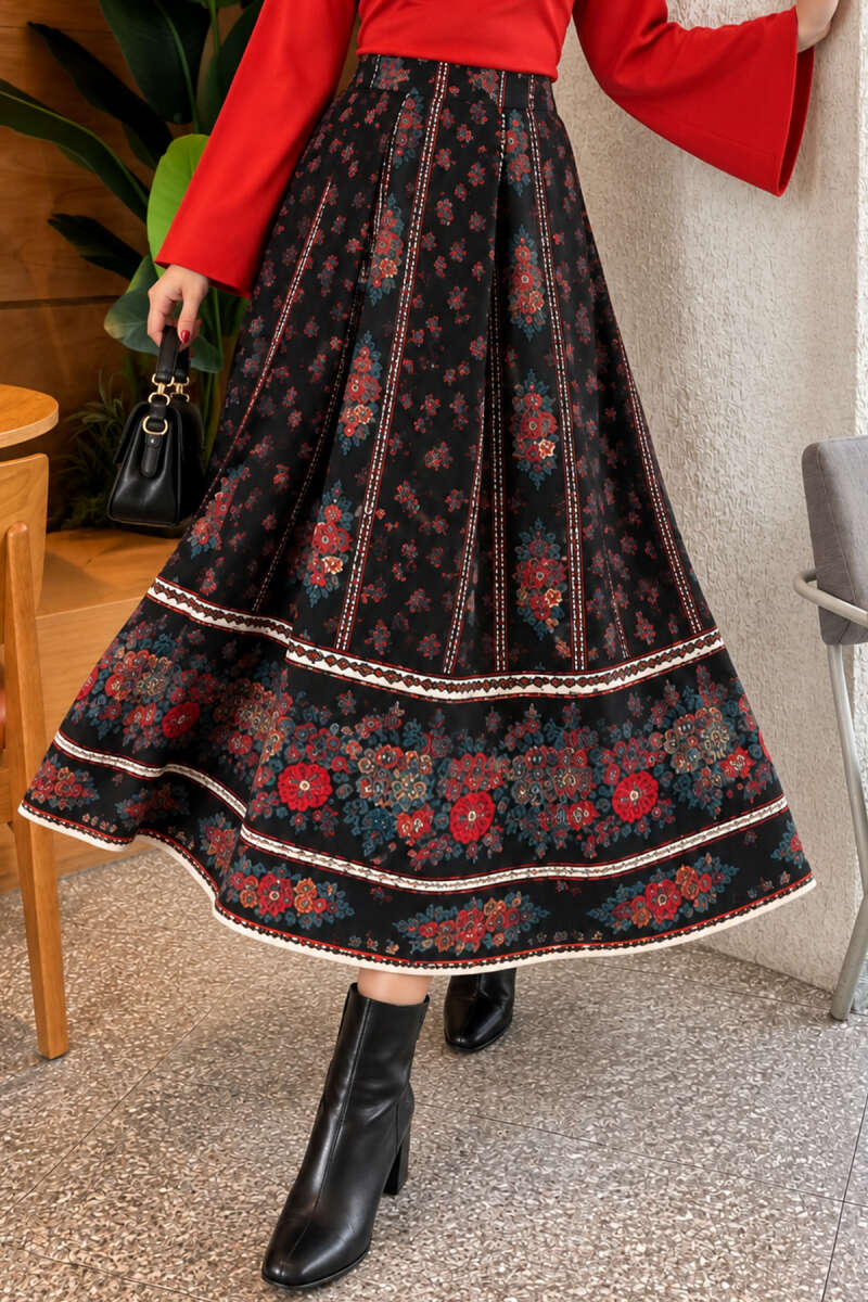 Floral Flared Skirt - Black
