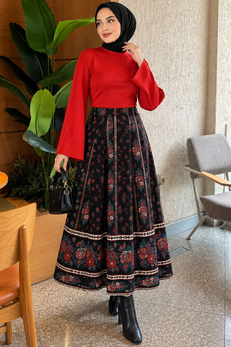 Floral Flared Skirt - Black