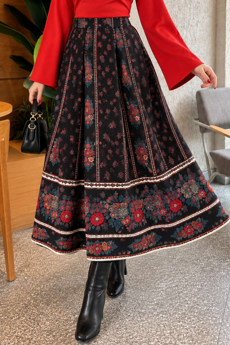 Floral Flared Skirt - Black