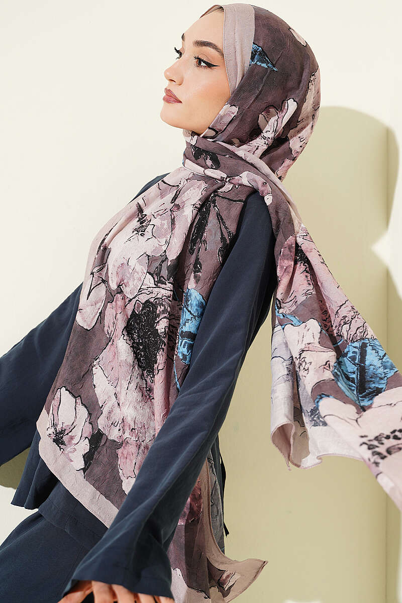 Floral Modal Crinkle Shawl - Beige