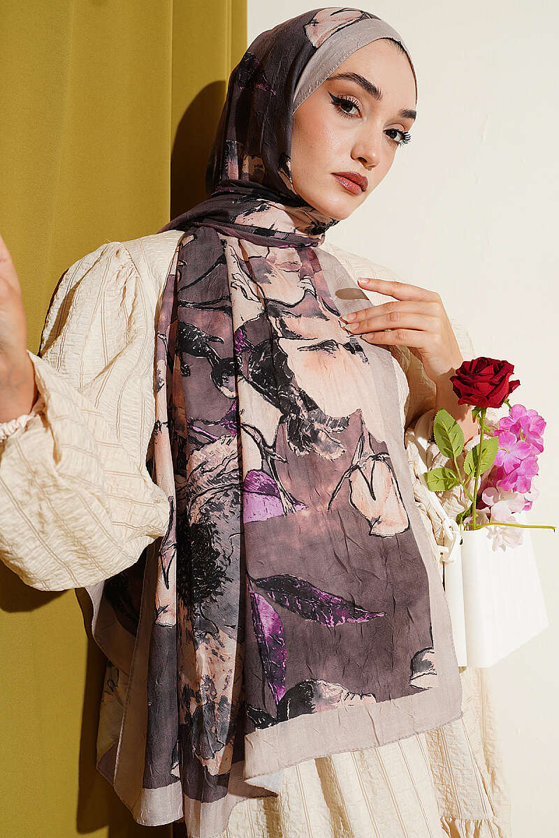 Floral Modal Crinkle Shawl - Wheat