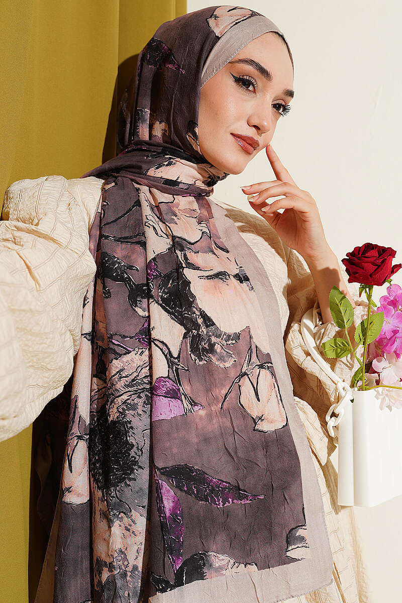 Floral Modal Crinkle Shawl - Wheat