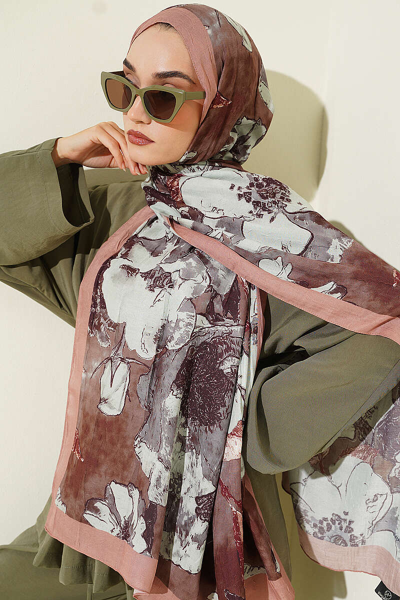 Floral Modal Crinkle Shawl - Camel