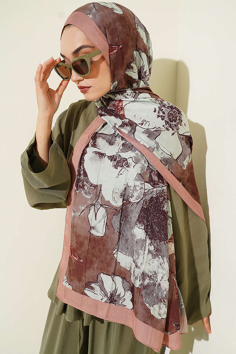 Floral Modal Crinkle Shawl - Camel
