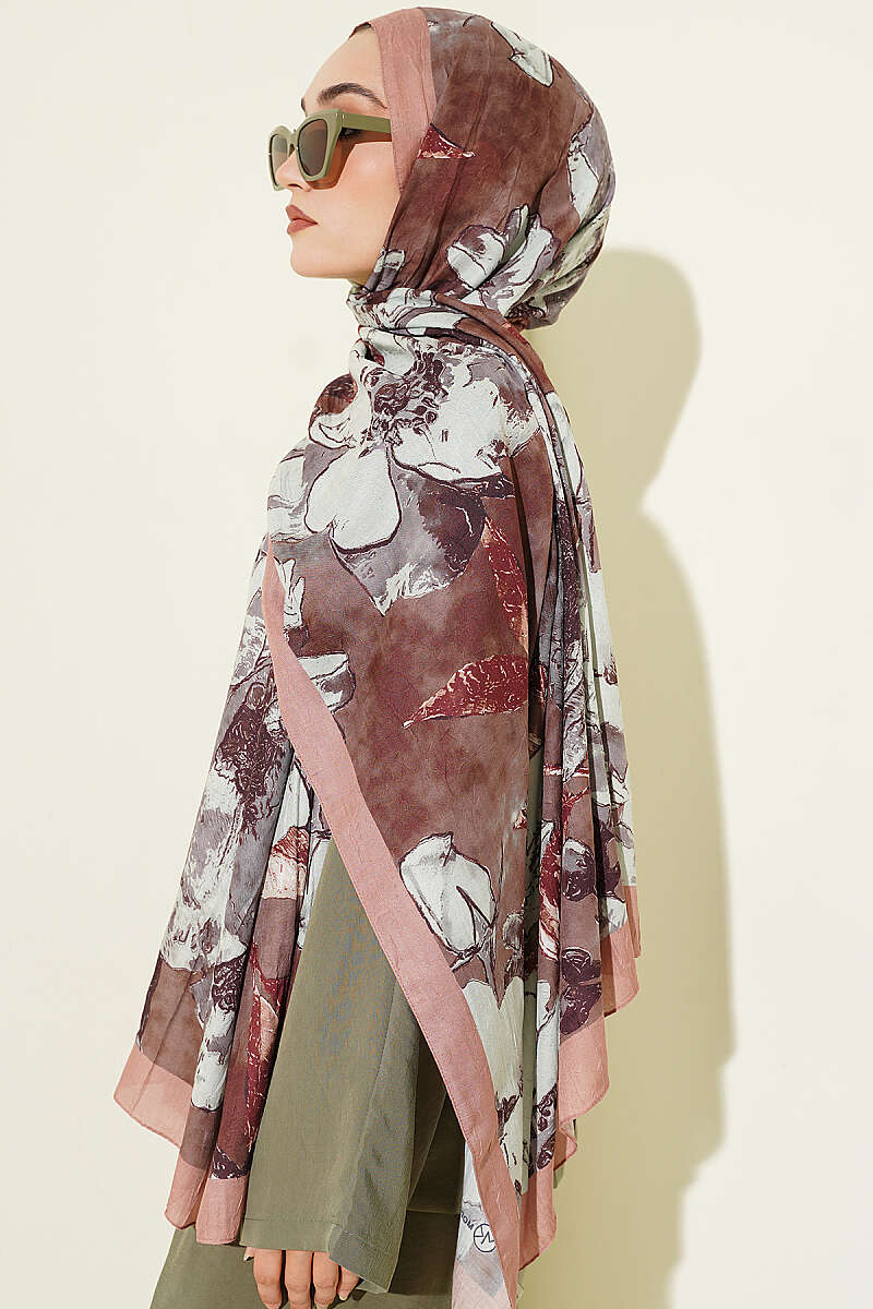 Floral Modal Crinkle Shawl - Camel