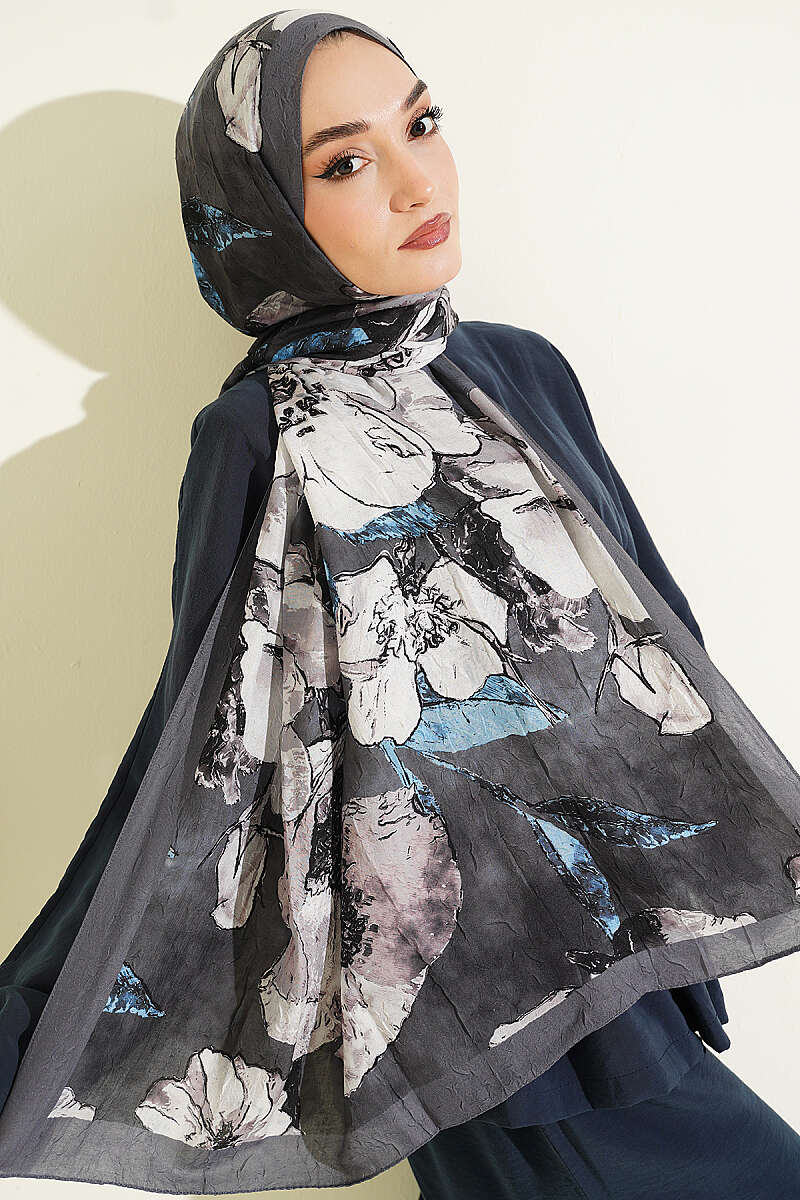 Floral Modal Crinkle Shawl - Smoke Grey