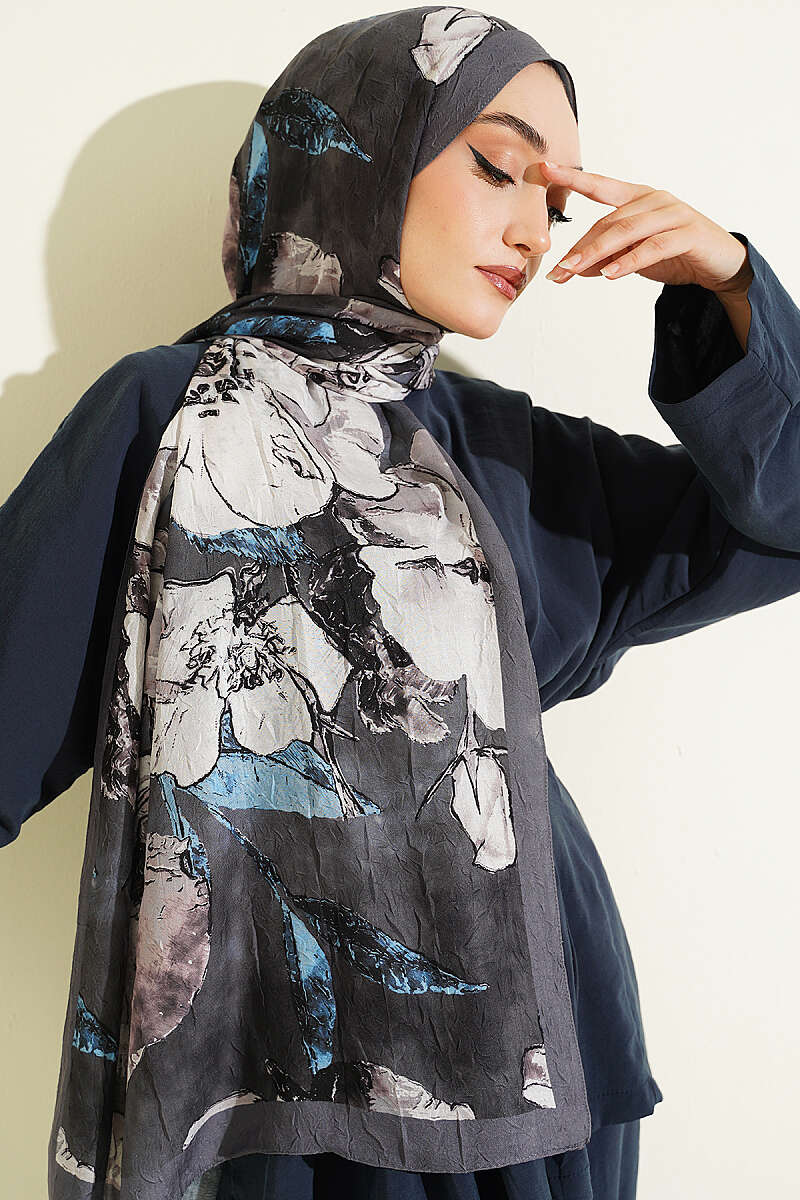 Floral Modal Crinkle Shawl - Smoke Grey