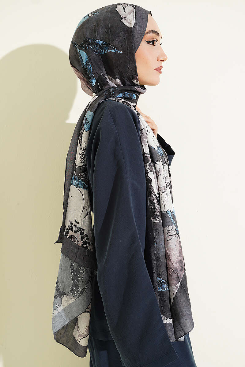 Floral Modal Crinkle Shawl - Smoke Grey