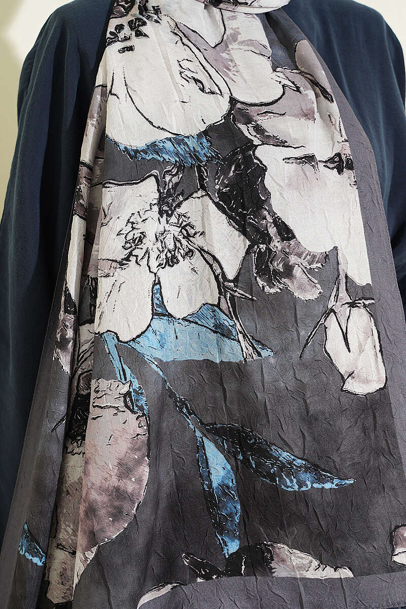 Floral Modal Crinkle Shawl - Smoke Grey