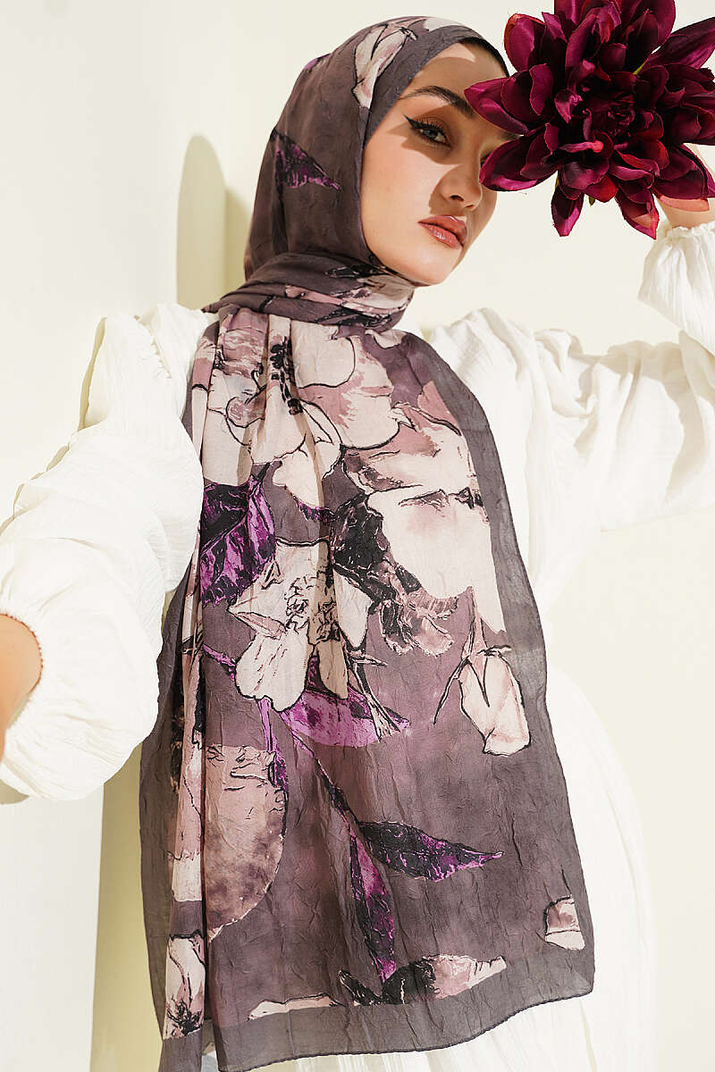Floral Modal Crinkle Shawl - Dark Mink
