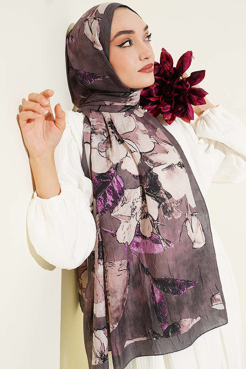 Floral Modal Crinkle Shawl - Dark Mink