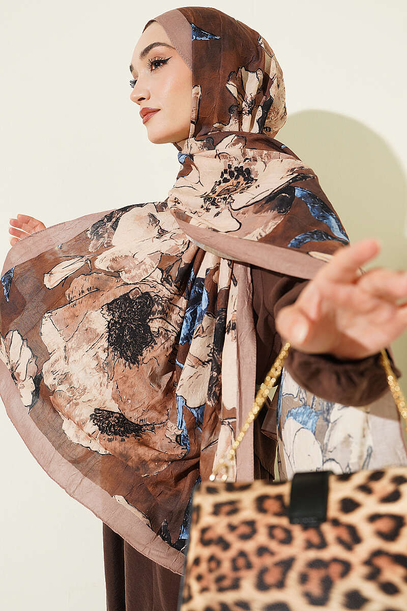 Floral Modal Crinkle Shawl - Latte