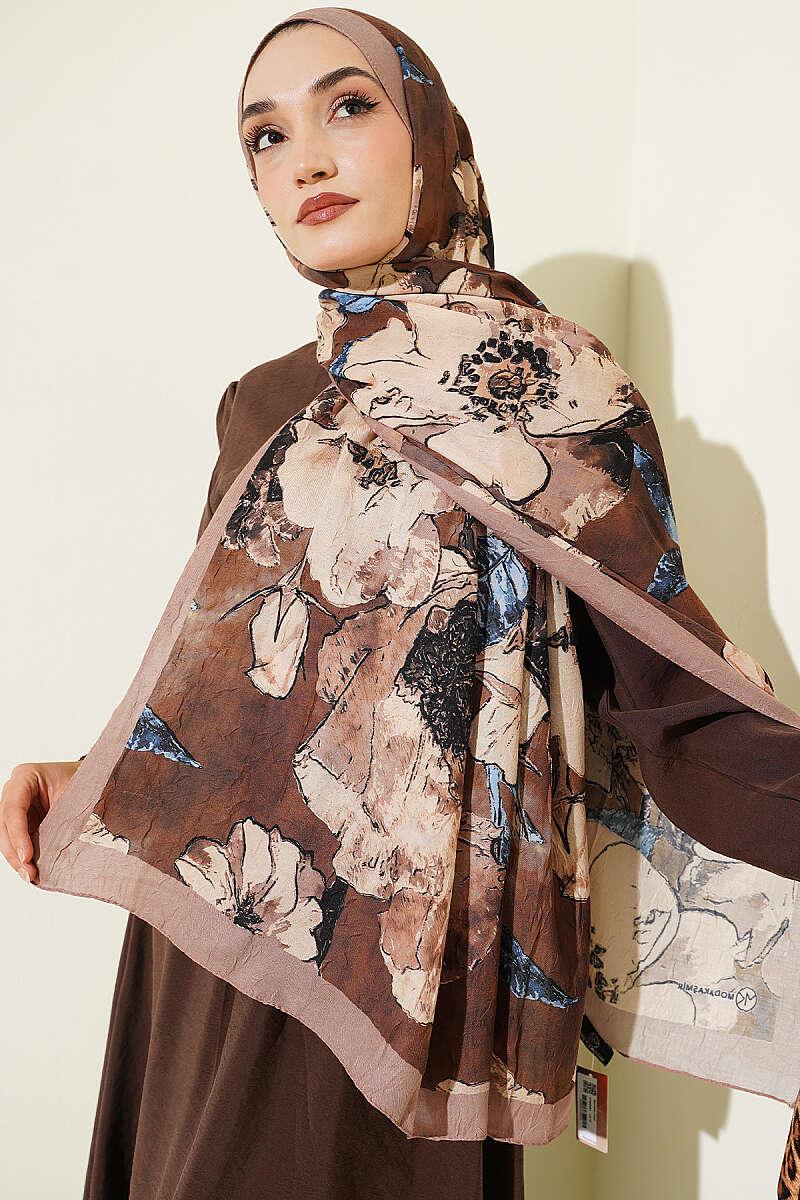 Floral Modal Crinkle Shawl - Latte