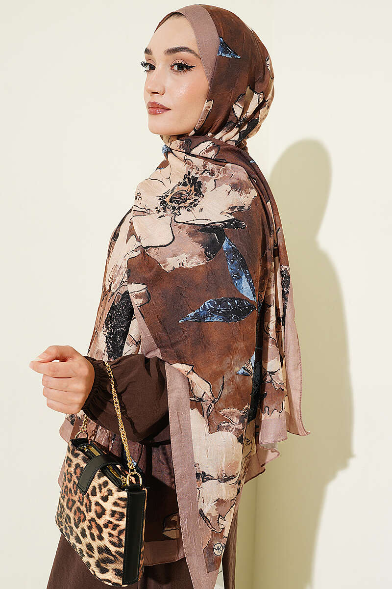 Floral Modal Crinkle Shawl - Latte