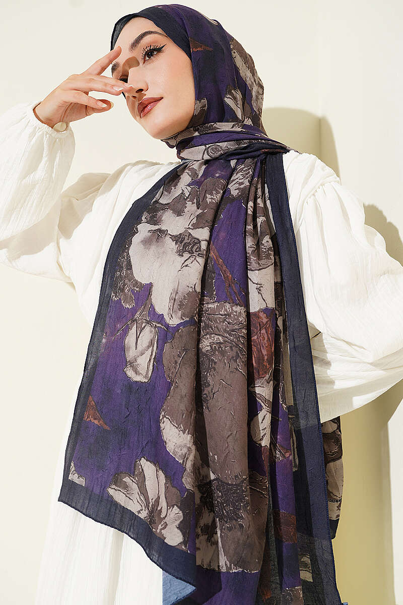 Floral Modal Crinkle Shawl - Parliament Blue