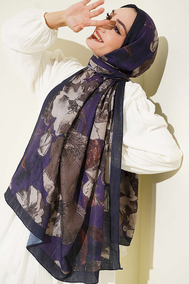 Floral Modal Crinkle Shawl - Parliament Blue