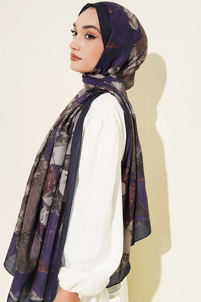 Floral Modal Crinkle Shawl - Parliament Blue