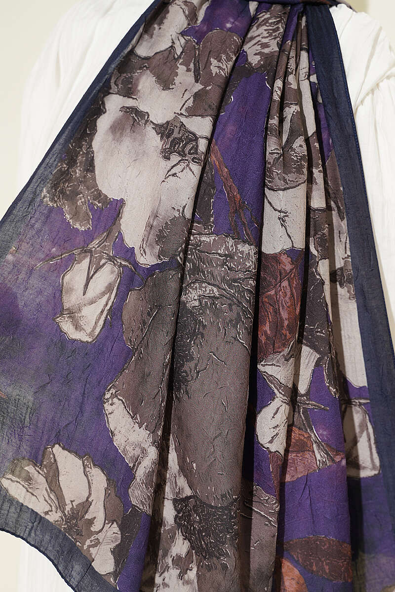 Floral Modal Crinkle Shawl - Parliament Blue