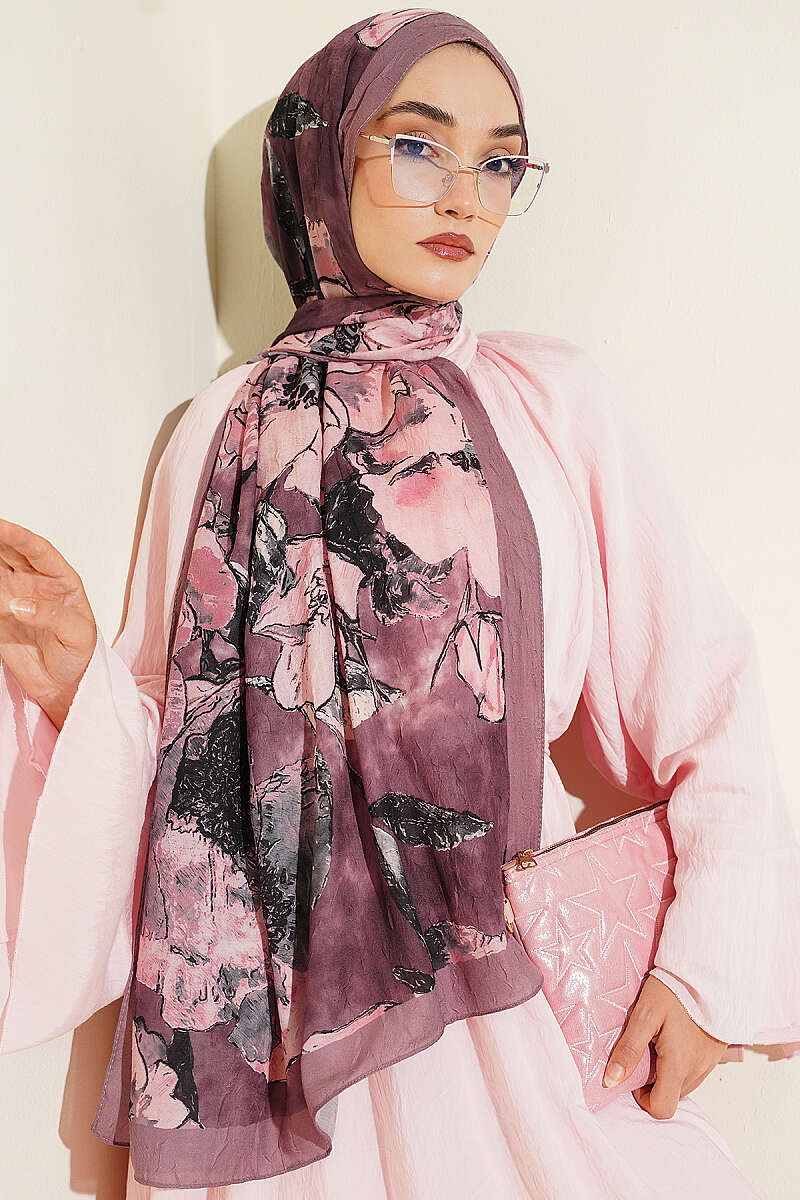 Floral Modal Crinkle Shawl - Soft Brown