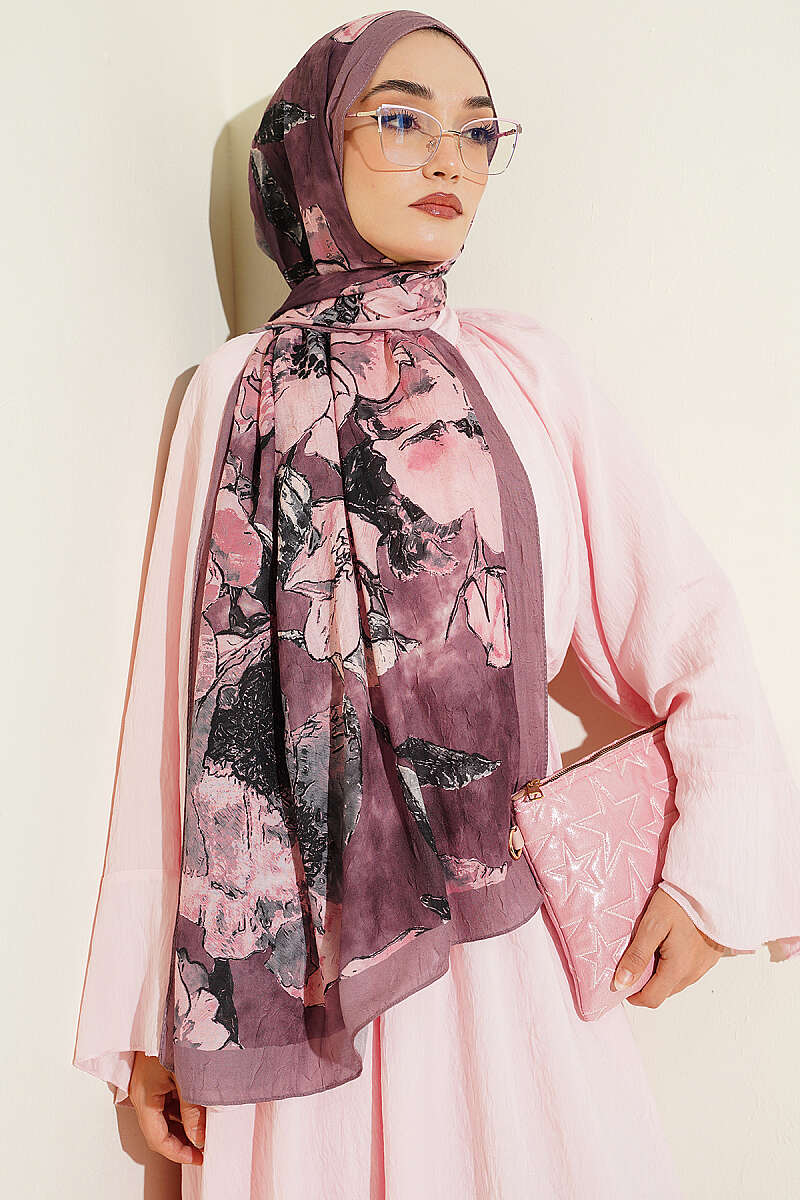 Floral Modal Crinkle Shawl - Soft Brown