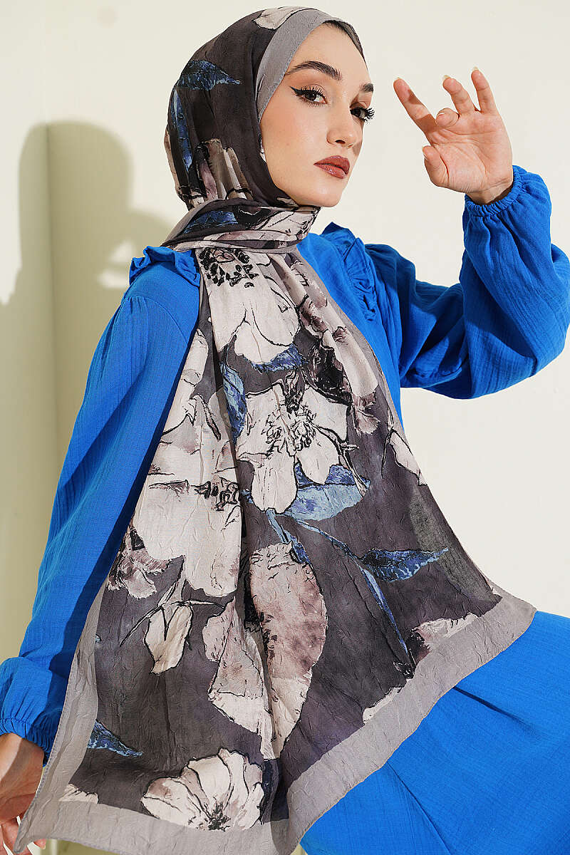 Floral Modal Crinkle Shawl - Stone Grey