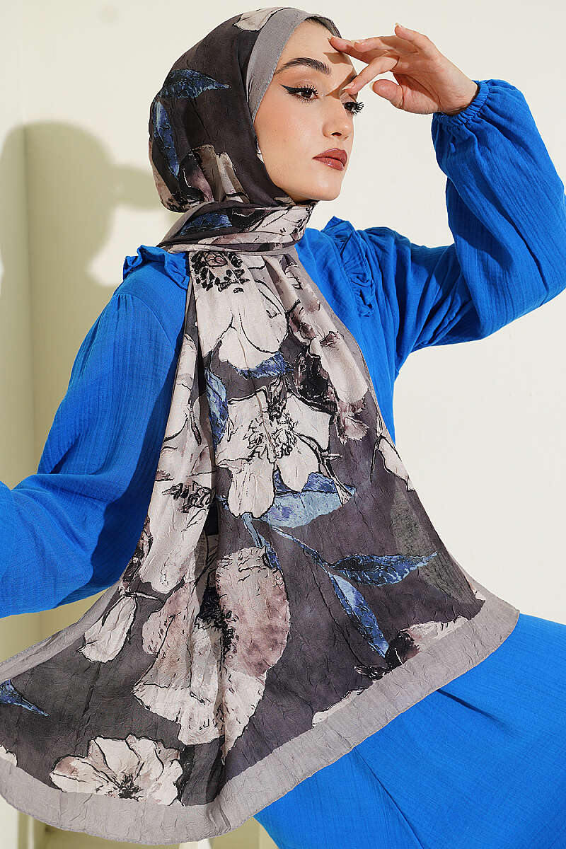 Floral Modal Crinkle Shawl - Stone Grey