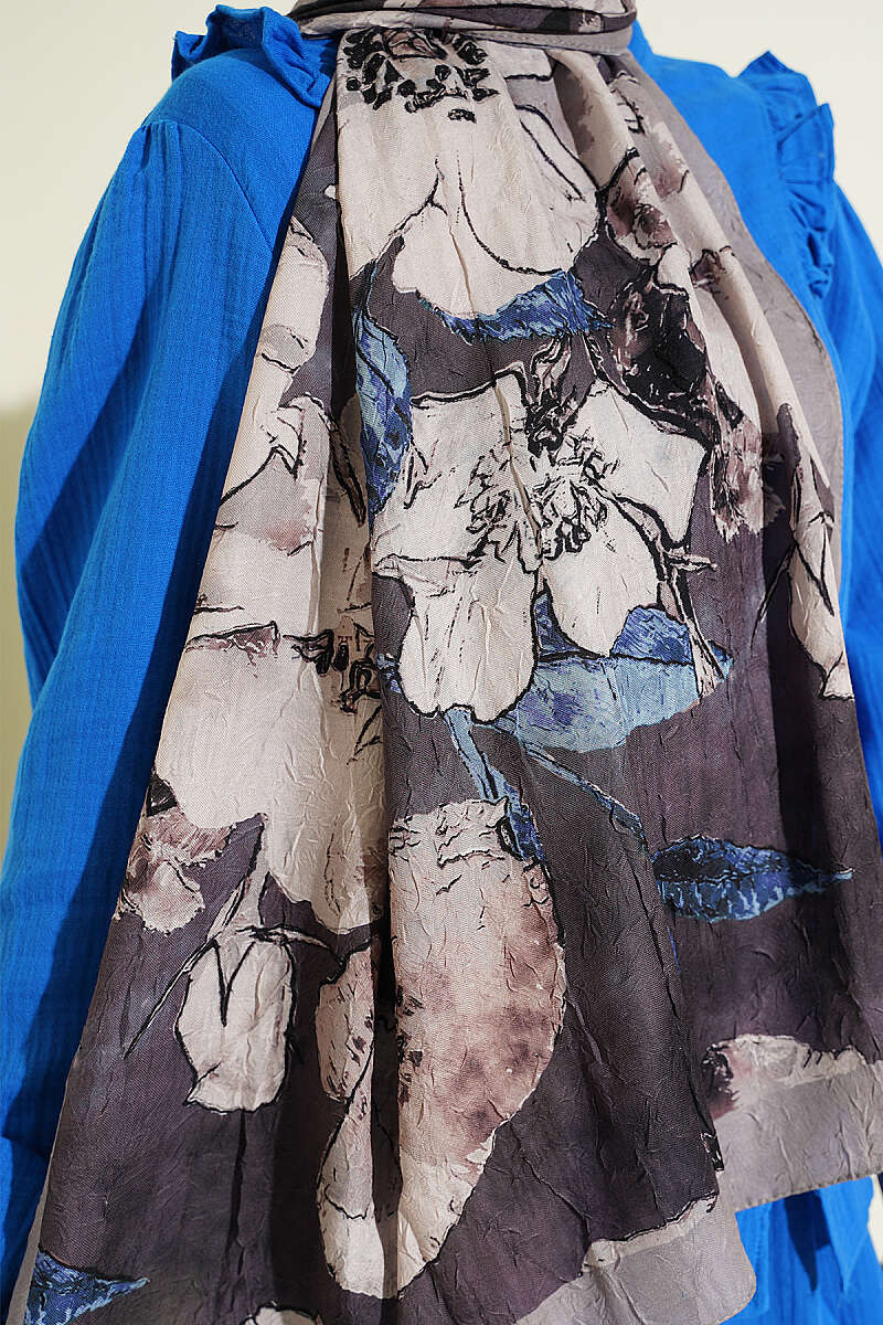 Floral Modal Crinkle Shawl - Stone Grey