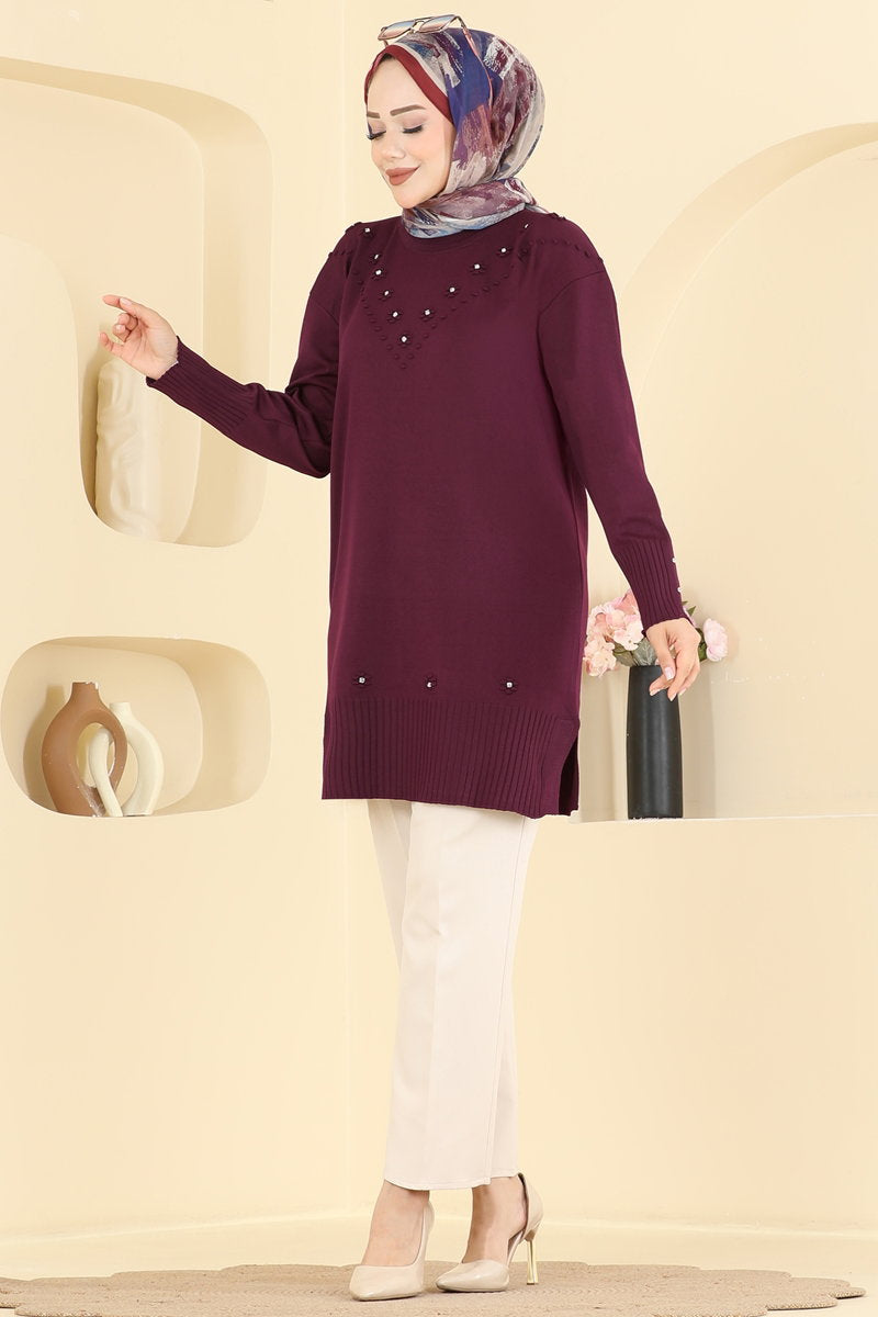 Floral Mercerised Tunic - Burgundy