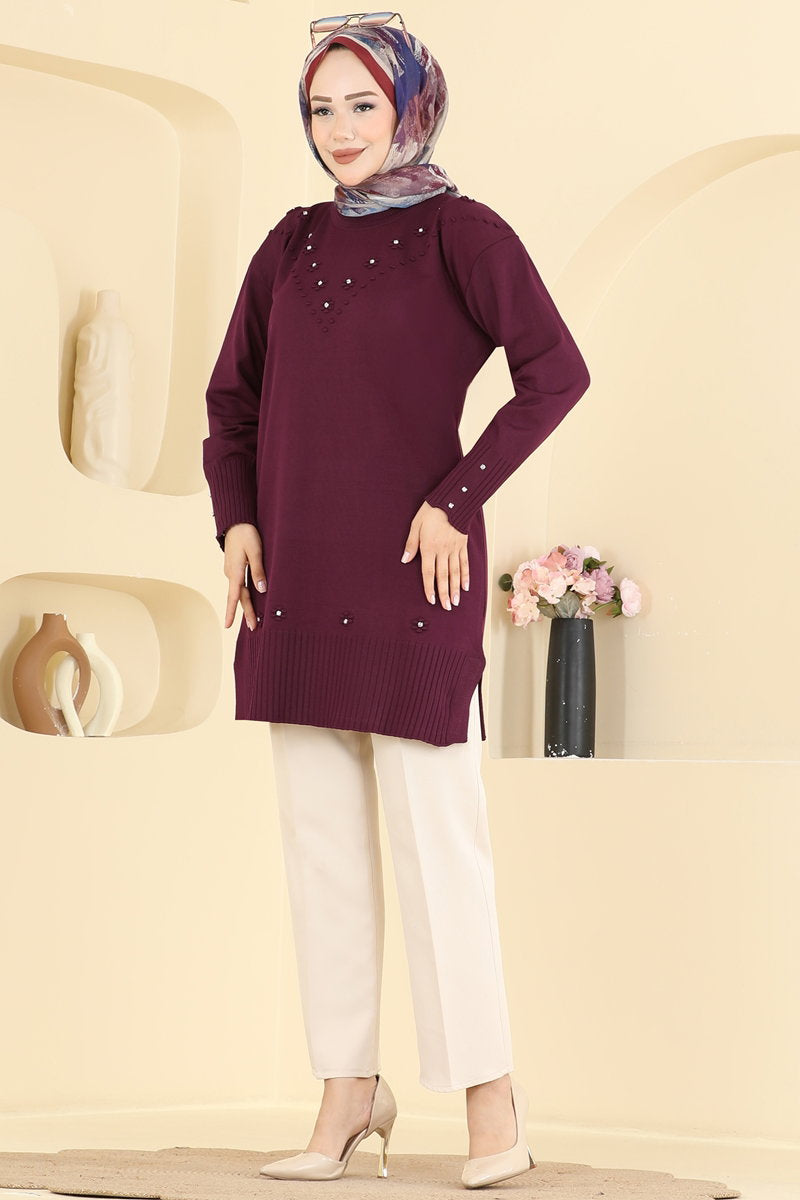 Floral Mercerised Tunic - Burgundy