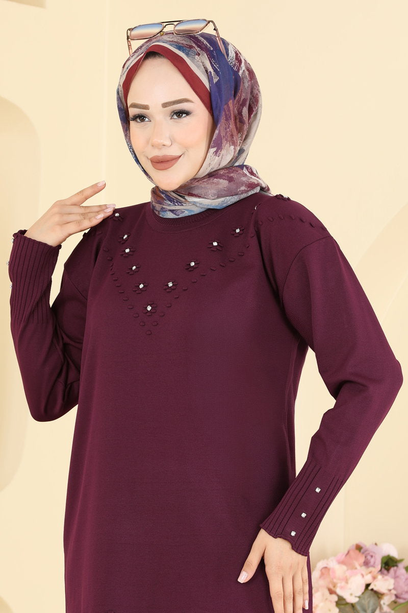 Floral Mercerised Tunic - Burgundy