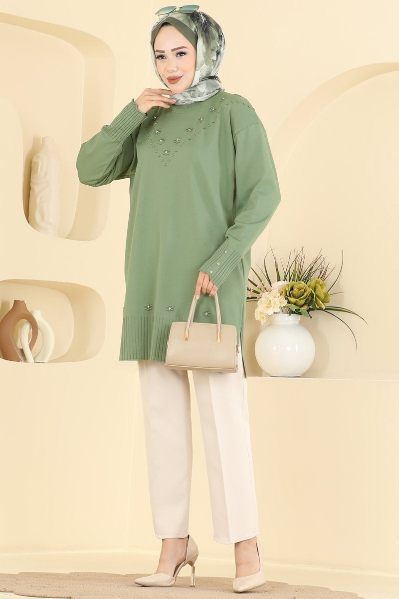 Floral Mercerised Tunic - Almond Green
