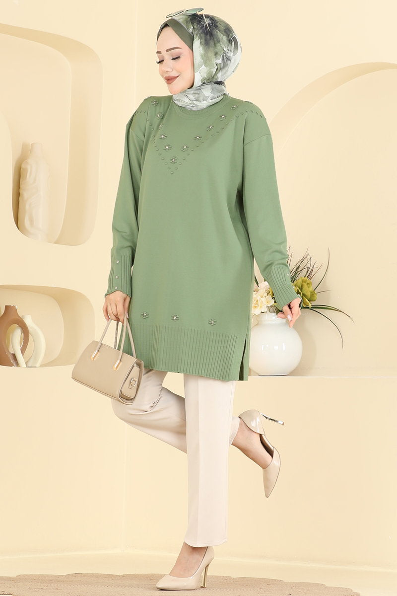 Floral Mercerised Tunic - Almond Green