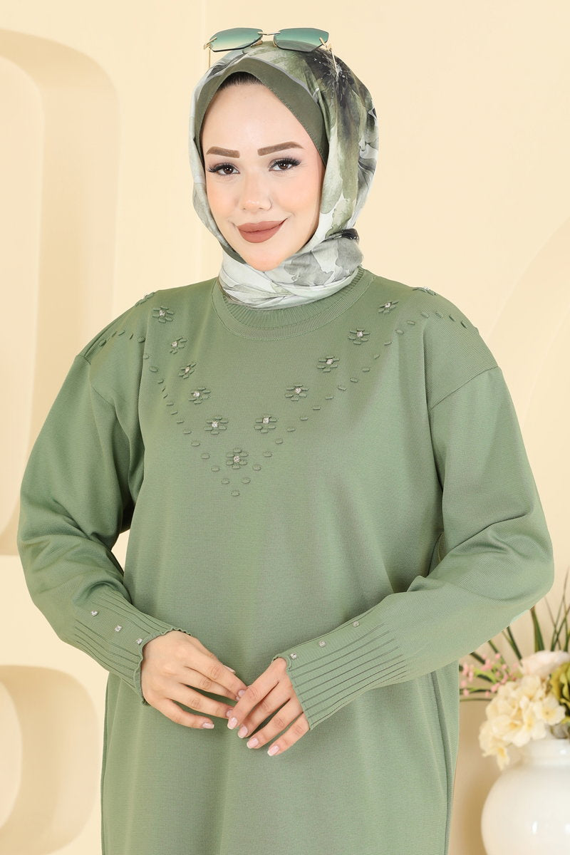 Floral Mercerised Tunic - Almond Green