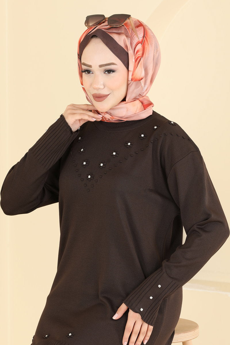 Floral Mercerised Tunic - Brown