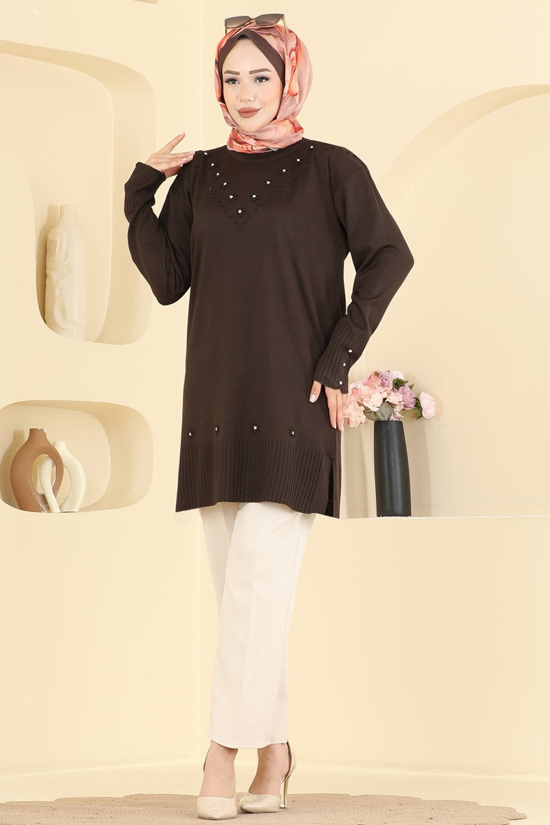 Floral Mercerised Tunic - Brown