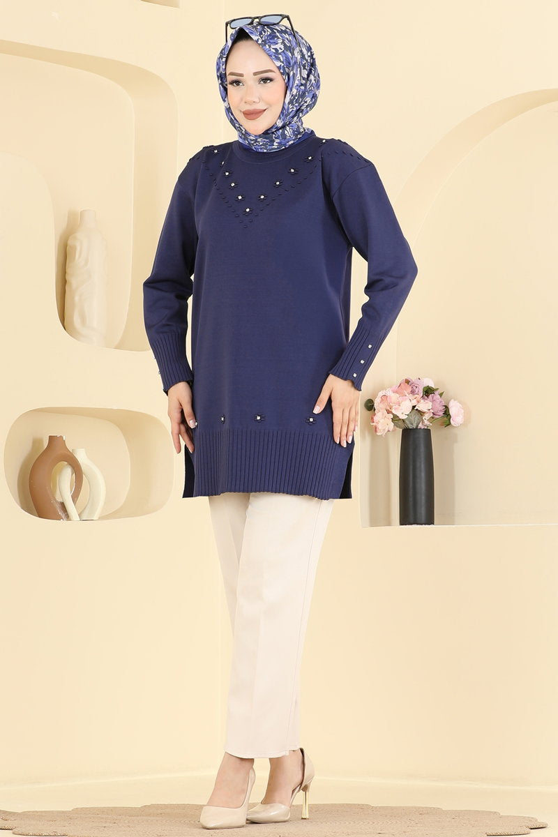 Floral Mercerised Tunic - Navy