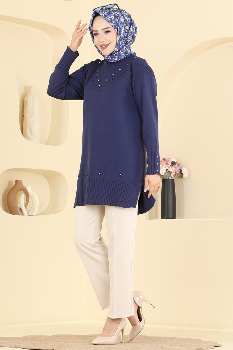Floral Mercerised Tunic - Navy