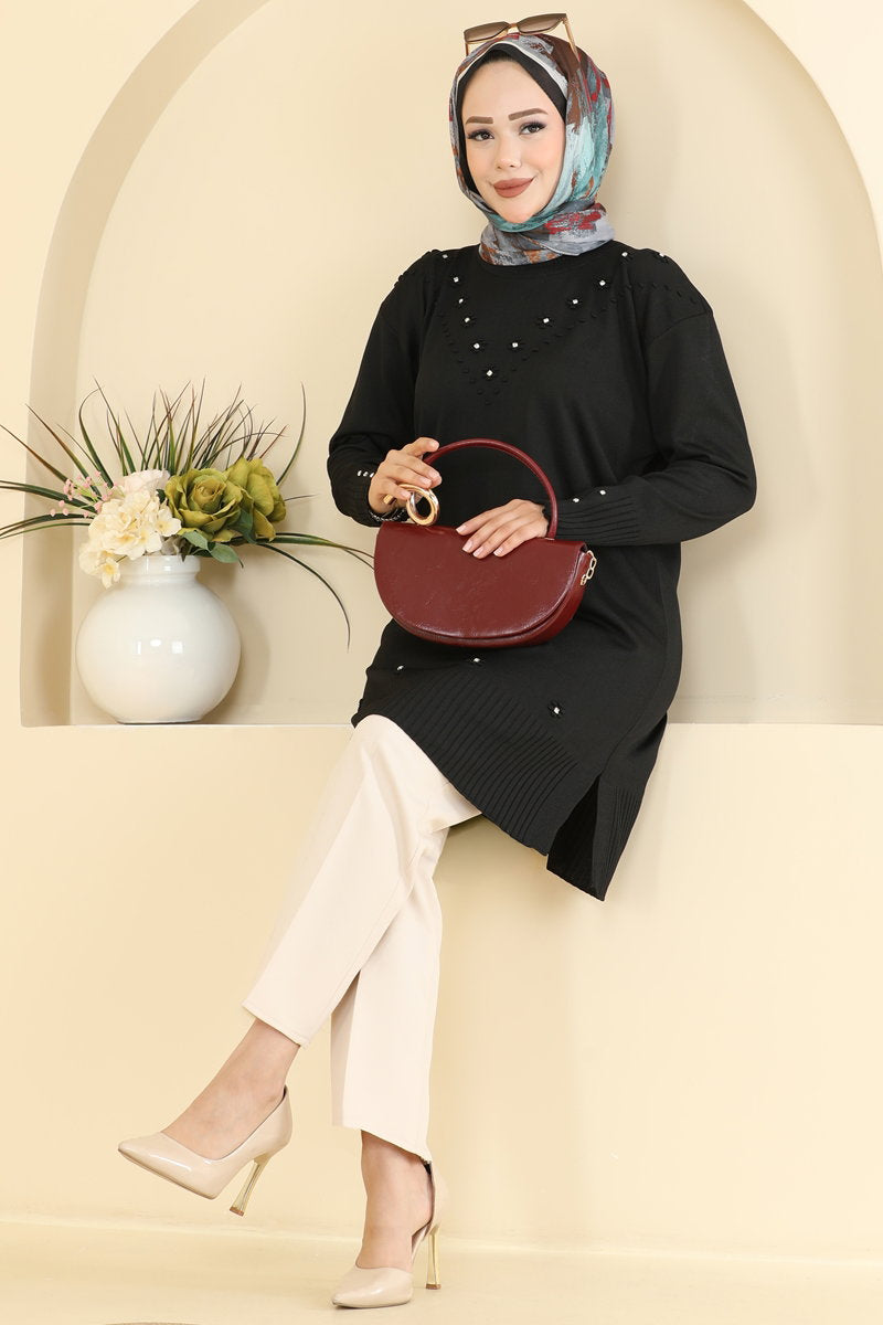 Floral Mercerised Tunic - Black