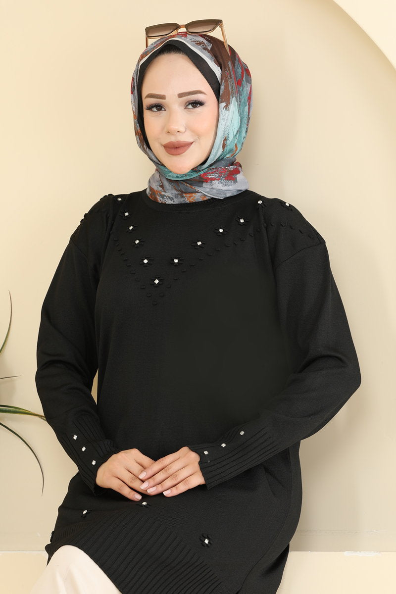 Floral Mercerised Tunic - Black