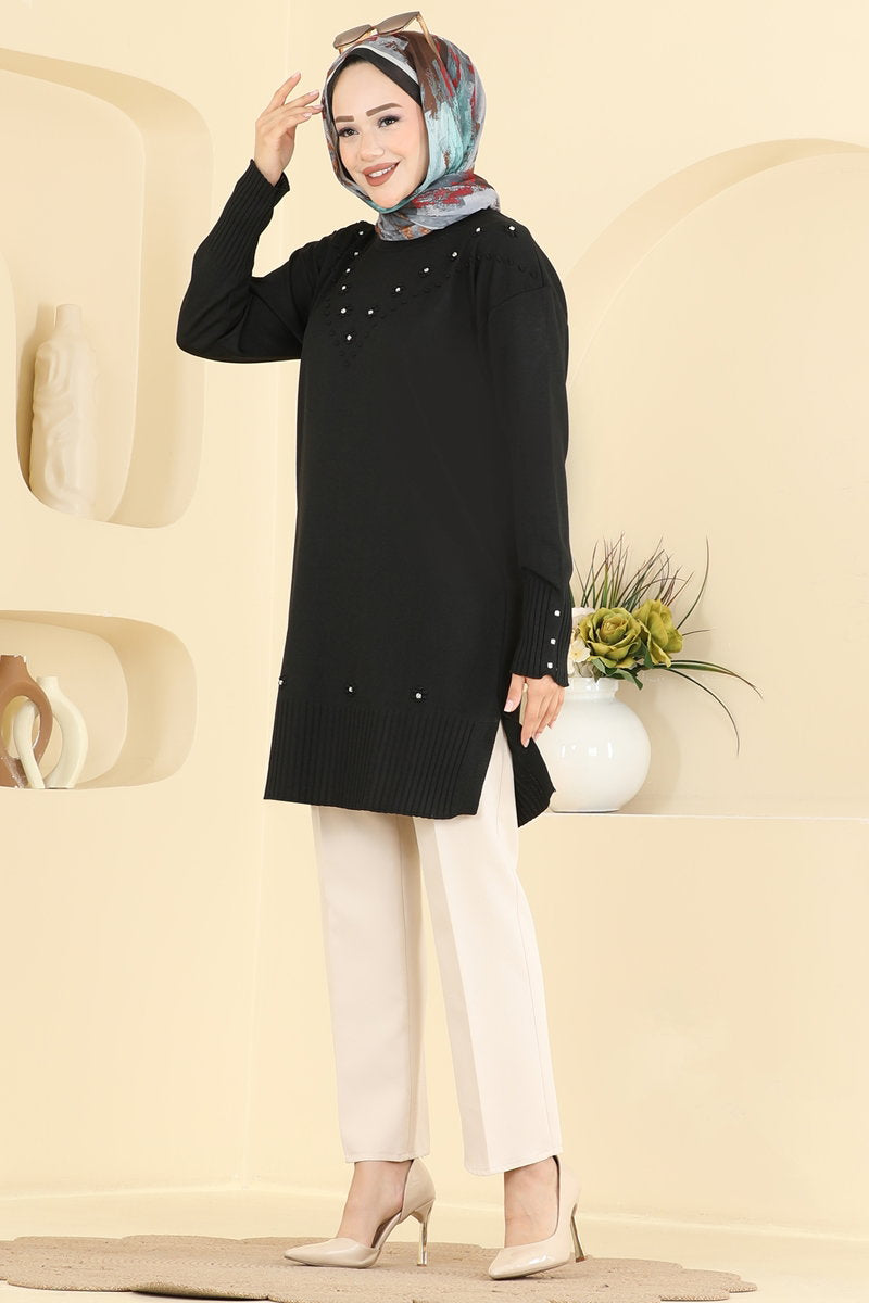 Floral Mercerised Tunic - Black