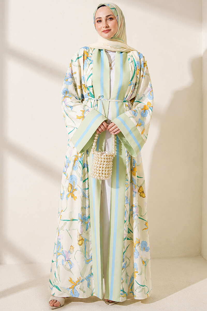 Floral Kimono with Shawl Detail - Almond Green