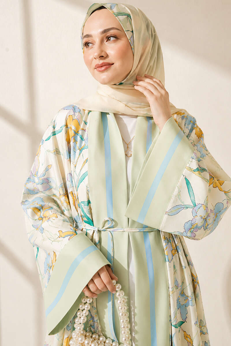Floral Kimono with Shawl Detail - Almond Green