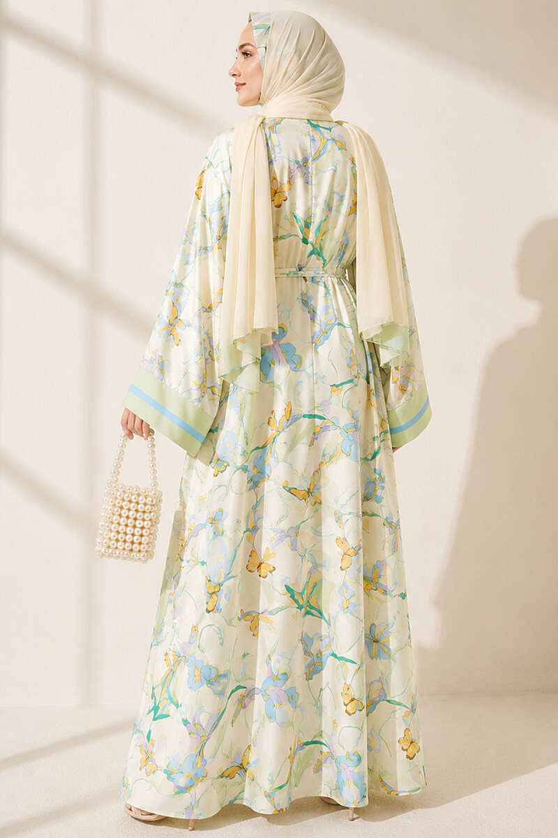 Floral Kimono with Shawl Detail - Almond Green