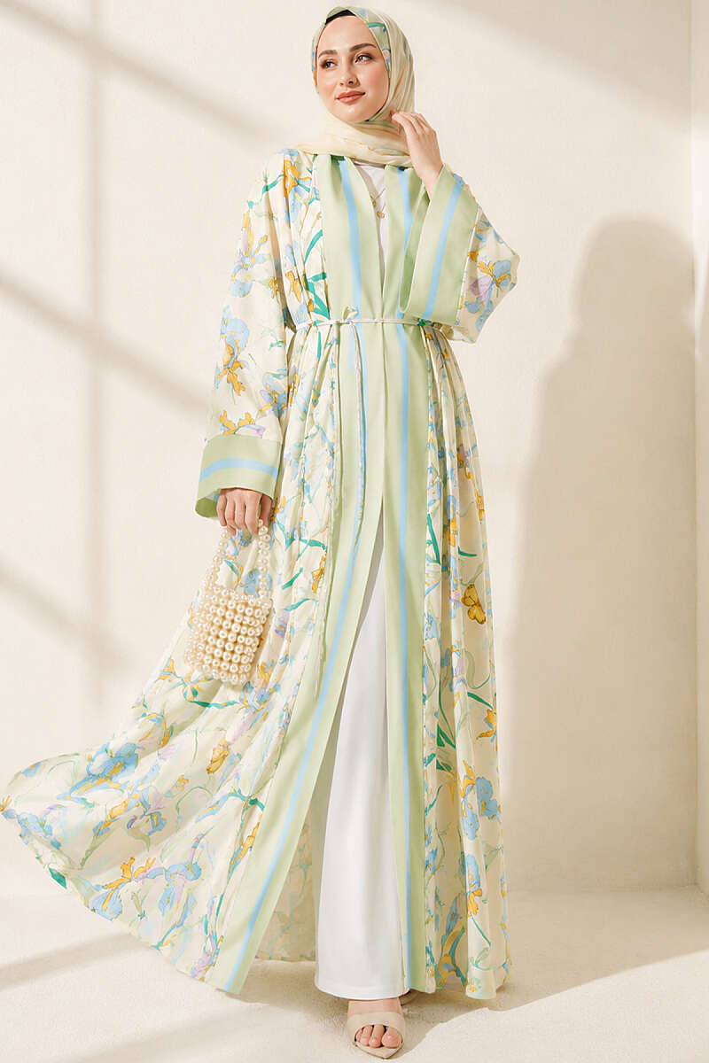 Floral Kimono with Shawl Detail - Almond Green