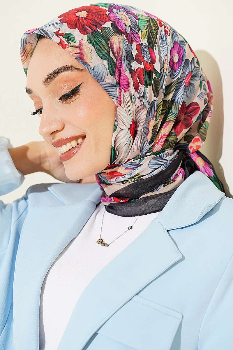 Floral Soft Scarf - Black-Beige