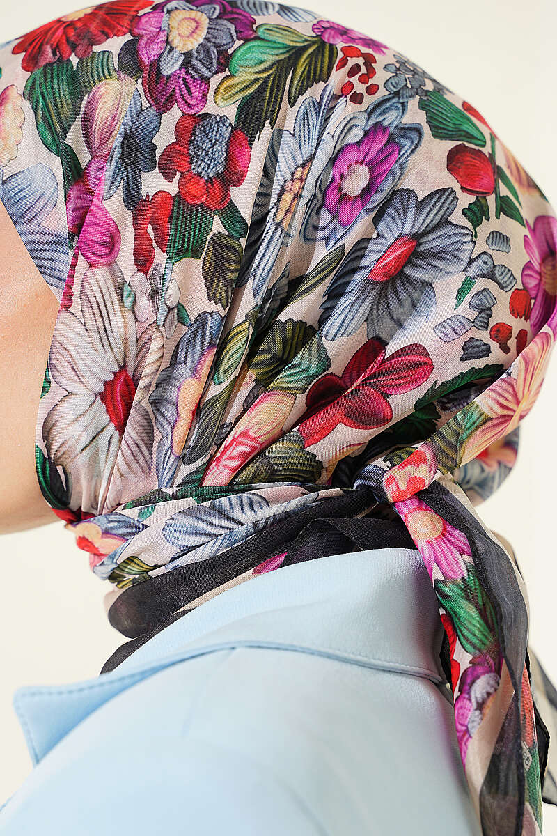 Floral Soft Scarf - Black-Beige